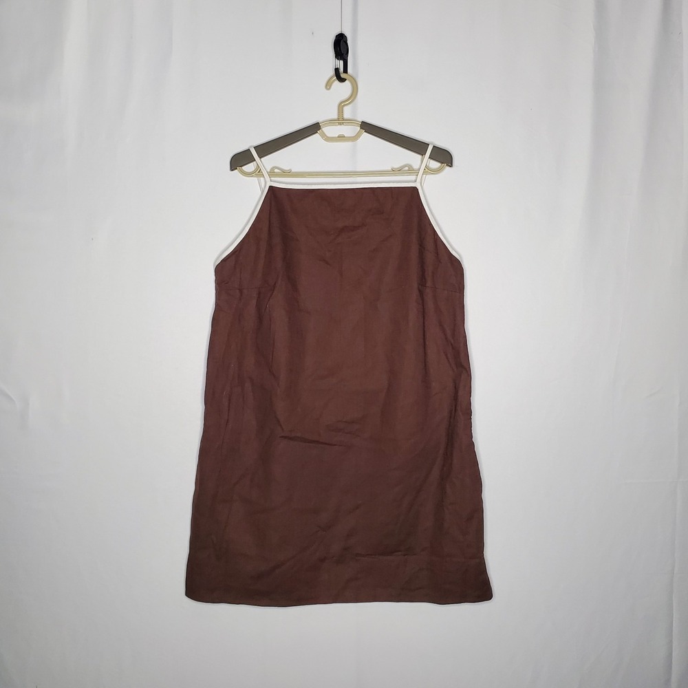 Abercrombie Fitch Linen Cotton Dress XLP Brown Square Neck Tie Pocket Coastal